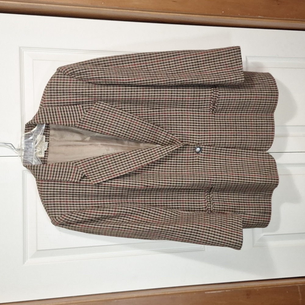 Vintage Jon Lawrence tweed wool blend blazer coat - 18W - tan pinstripes plaid